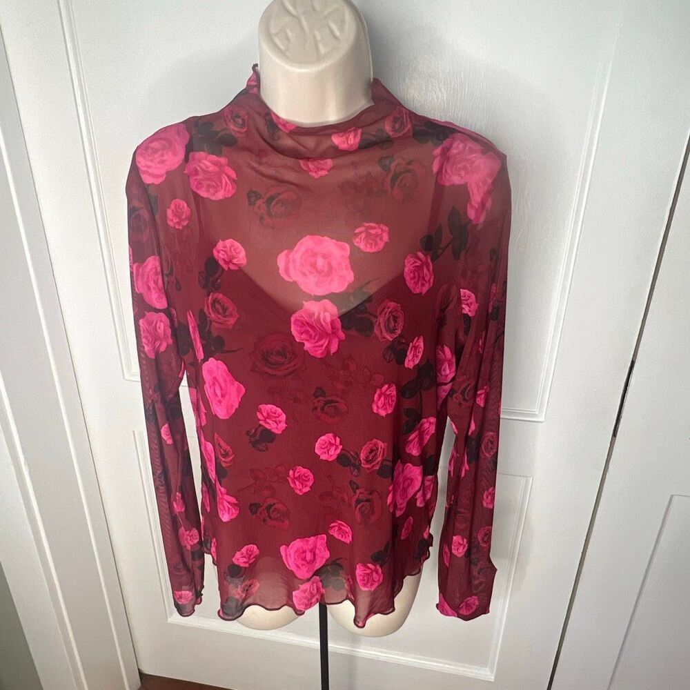 Brannan Floral Long Sleeve Mesh Mock Neck Top Red Built in Tank Size XL